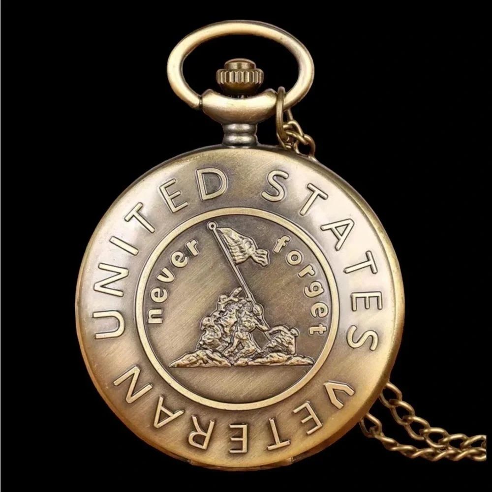 Pocket Watch with Chain Veteran Patriotic Flip Open USA Bronze Unisex Gift
